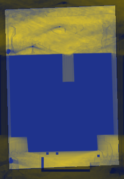 Blender: sun hours on the ground, 21 June, 0.1 m squares (yellow = sun all day, blue = shade). The house footprint is blue because it is under the roof.